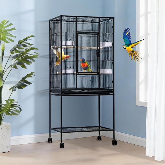 Wide Large Bird Cage with Rolling Stand and Storage – 54" Tall Parrot Cage for Parakeets, Cockatiels, Conures, Cockatoos – Black Flight Cage with Feed Bowls – Ideal for Medium-Large Birds