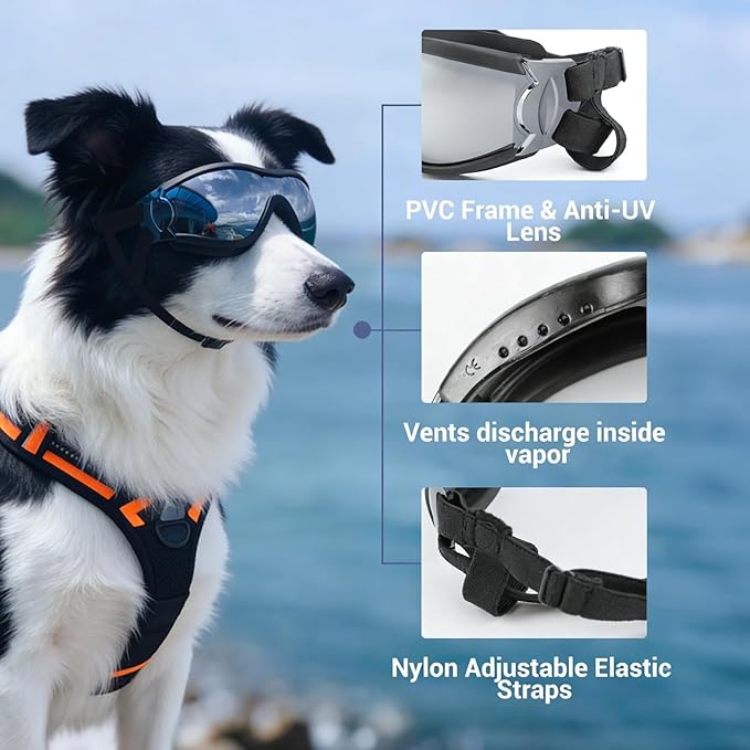 Enjoying Dog Goggles for Medium to Large Dogs, Dog Sunglasses UV Protection, Large Dogs Driving Eye Protection, Windproof Dustproof Anti-Fog, Breathable, Adjustable Straps, Black