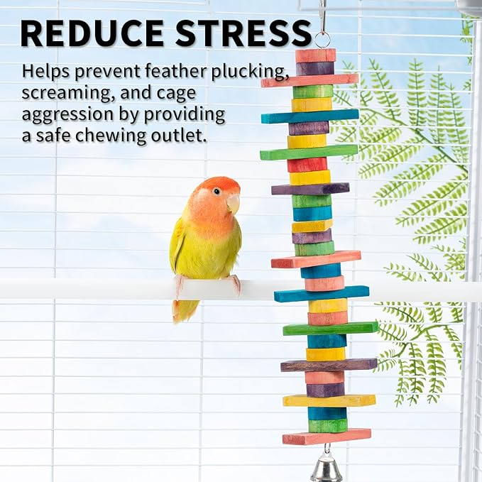 2 PCS 14.37" Multicolored Bird Toys - Stress Relief Chew Parrot Toys, Natural Wooden Blocks, Hanging Bird Cage Accessories, for Parakeets Cockatiels Conures Budgies African Grey Macaws Amazon Parrots