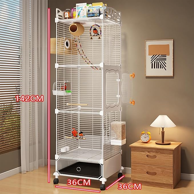 Large Parrot Cage with Acrylic Doors, 4 Casters, Perch & Feeder, Detachable Drawer, Ideal for Cockatiels, Budgies, Conures, Indoor/Outdoor Use – Spacious White Birdcage (White, 36 * 36 * 142cm)