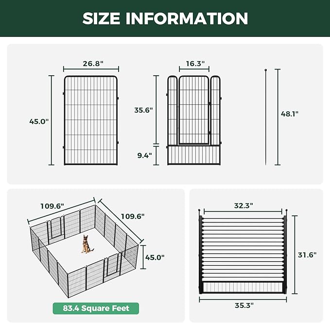 FXW Rollick Unleashed Dog Playpen for Indoor, Yard, RV Camping, 45 inch 16 Panels Dog Pen with RV Step Grid for Large Dogs, Black│Patented
