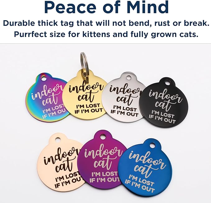 GoTags Personalized Small Indoor Cat Tag - Engraved with 4 Lines of Custom ID - Stainless Steel Round Pet ID Tag