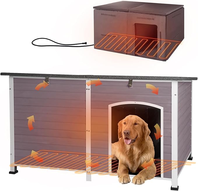 GUTINNEEN 59" Extra Large Heated Outdoor Dog House for Large Dogs Insulated, Thermostat-Controlled Heating with Full 6-Sided Insulation, Metal Frame, Spacious, Cozy, and Safe Winter Shelter (Grey)