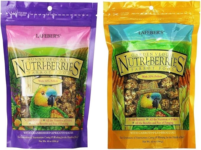 LAFEBER'S Nutri-Berries Parrot Food 2 Flavor Variety Sampler Bundle, (1) Each: Sunny Orchard with Cranberries Apricots Dates, Garden Veggie with Carrots Peas Broccoli (10 Ounces)