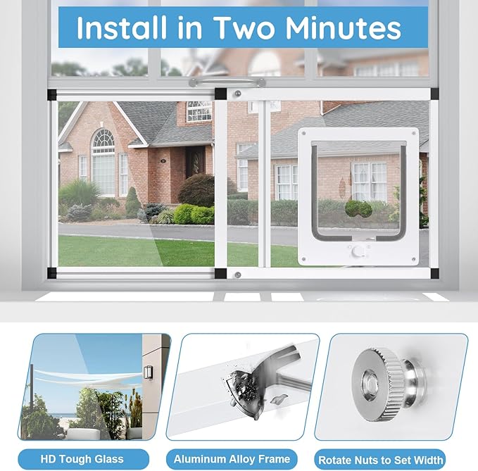 Sliding Cat Door for Window, Fits 32"-37" Width Window, 2-Min Install | Aluminum Frame + HD Glass | Weatherproof Design | Magnetic Closure Window Cat Door Insert, Adjustable Pet Door Window for Cats
