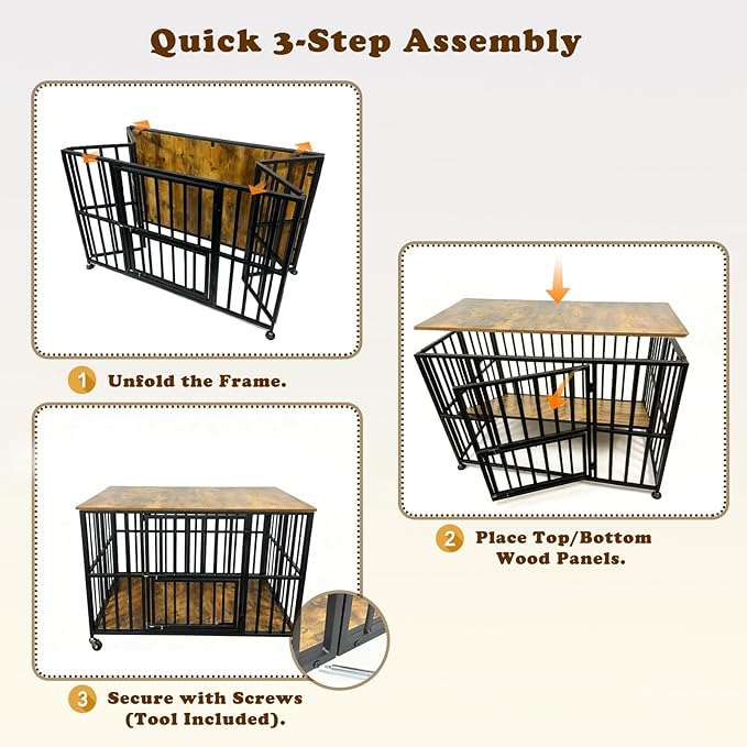 48" Dog Crate Furniture Foldable, Large Dog Kennel Furniture with Swing-Out Bowl & Dual Base Sets (Feet+Wheel), No Assembly Foldable Dog Crate Furniture, End Table for Large Dogs, Rustic Brown