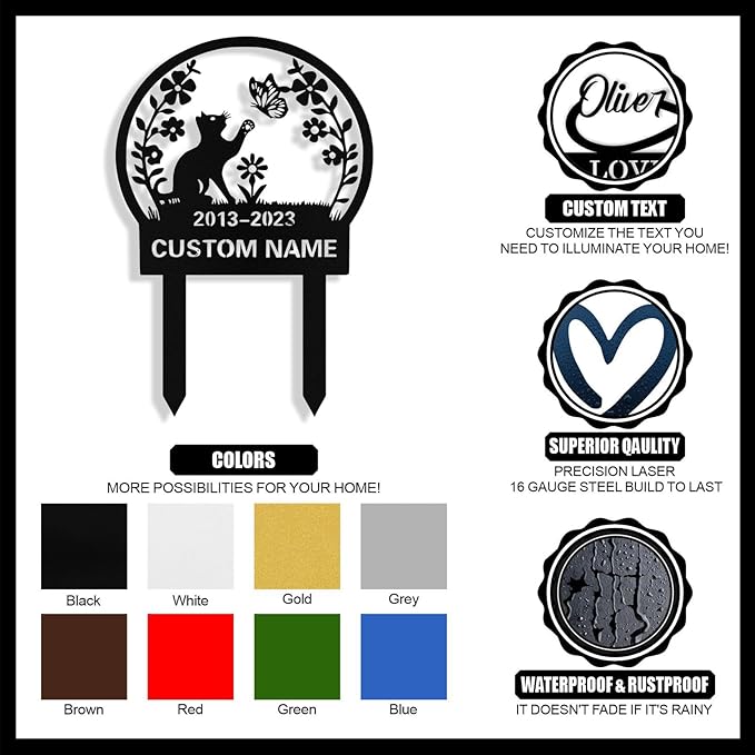Custom Cat Grave Marker Outdoor, Personalized Metal Cat Memorial Grave Stake with Name and Date, Outdoor Waterrproof Cats Memorial Plaque