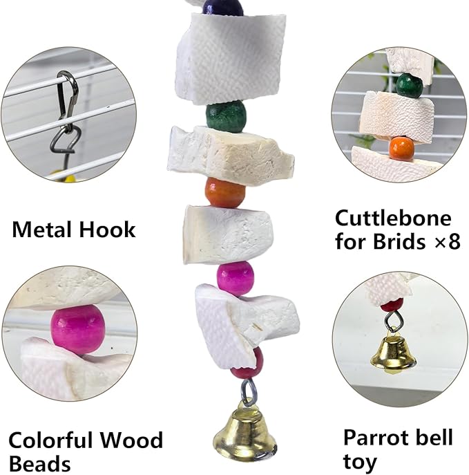 2 Pack Bird Toys, Parakeet Toys with Cuttlebone, Natural Cuttle Bone Bird Beak Grinding Stone & Parrot Chew Cuttlebone Cage Accessories with Bell for Budgie, Conure, Lovebird- 8 Pieces