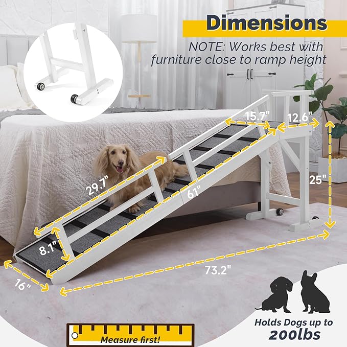Dog Ramp for Bed or Couch, Wooden Pet Ramp with 20° Gentle Slope, Removable Side Rails, Non-Slip Surface, Top Platform & Wheels, Safe Bed Ramp for Small, Large & Senior Dogs, 74" Long, White