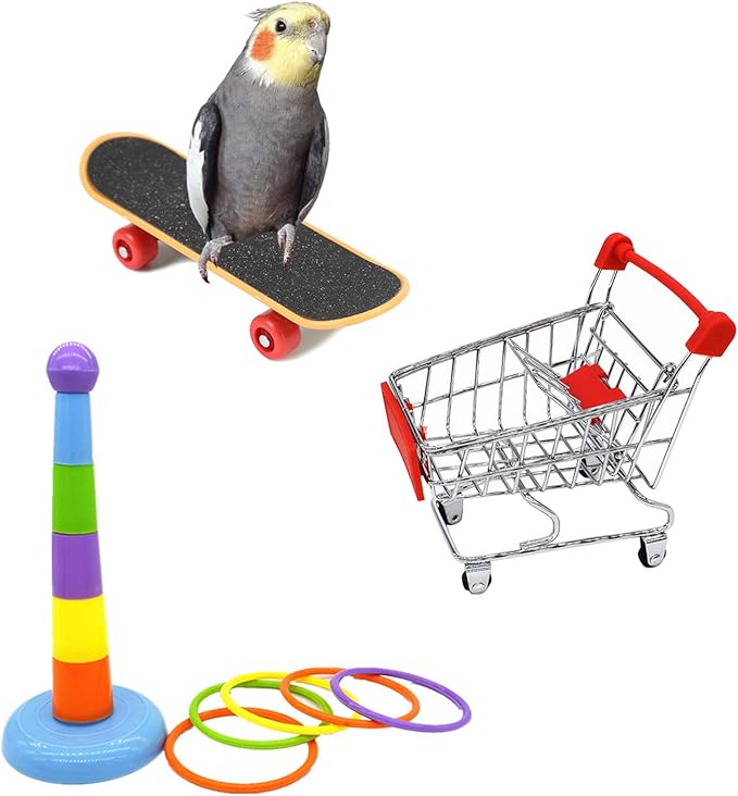 Hypeety 3 Pack Bird Intelligence Toys Stacking Training Rings Mini Shopping Cart Skateboard Stand Perch for Parrot Parakeet Cockatiel Conure Budgie Cockatoo (B)