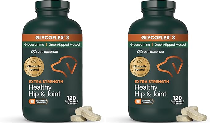 VetriScience Extra Strength Healthy Hip & Joint Chewable Tablets, GlycoFlex Glucosamine and Green-Lipped Mussel Joint Support Supplement for Dogs, Soothe Joint Discomfort, Chicken, 120 Count