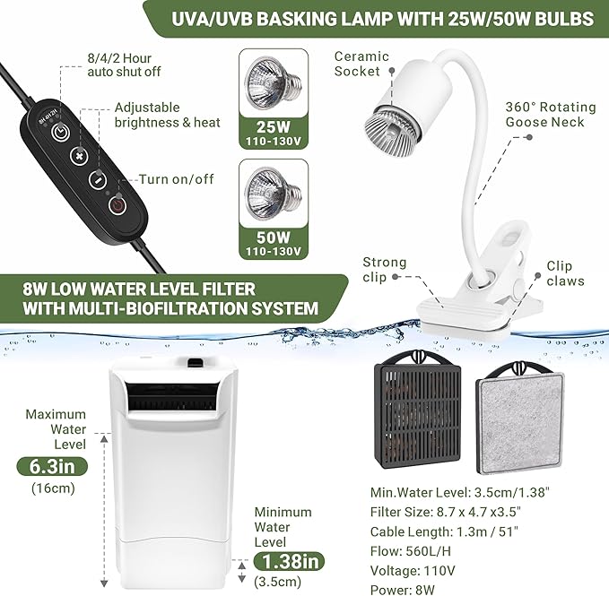 GOZILLA Aquatic Turtle Tank+Lamp+Filter Kit, Upgrade PC Turtle Tank Kit with Adjustable 360°Lamp & Filter,Reptile Habitat Lid,Hanging Platform for Small Reptiles.(19.68× 9.52× 9.44''/Large-White)
