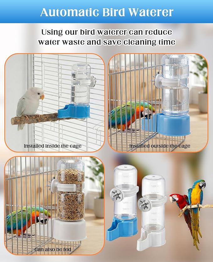 2 PCS Automatic Bird Cage Water Dispenser, Parakeet Parrot Feeder Hanging Drinking