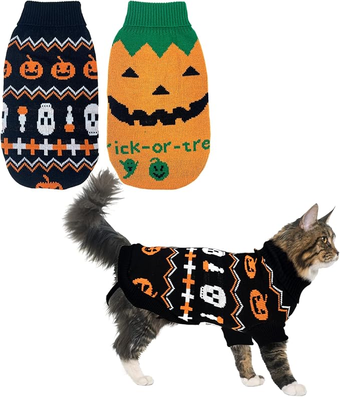 Vehomy 2Pcs Pet Halloween Sweaters Dog Halloween Pumpkin Sweater Kitten Cat Holiday Theme Turtleneck Knitwear Shirt with Pumpkin Skull Patterns Dog Puppy Halloween Costume Clothes for Small Dogs L