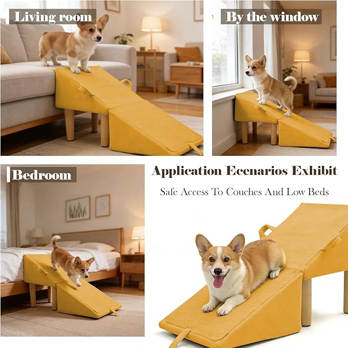 Split Ottoman Dog Ramp for Couch and Low Bed, 2-in-1 Foldable Dog Stairs for Small Dogs and Cats, Wooden Pet Ramp with Non-Slip Surface, Portable Step Stool Design, Orange