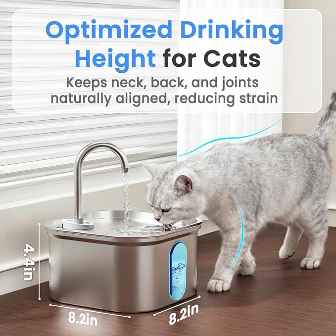 Cat Water Fountain Stainless Steel, 108oz/3.2L Quiet Automatic Cat Fountain for Drinking, Safe Auto Shut-Off, Large Square Pet Water Dispenser for Dogs Indoor with 1 Replacement Filter