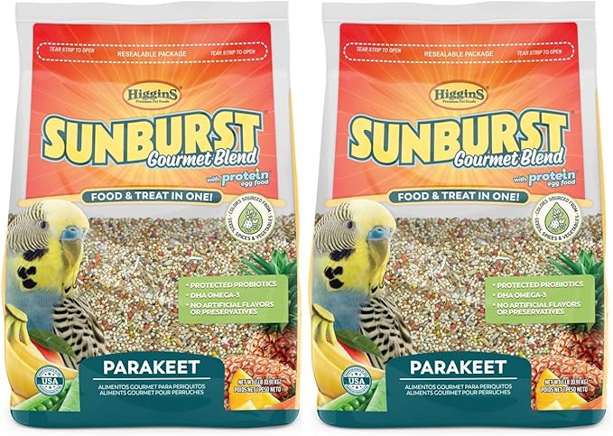 Higgins 2 Pack of Sunburst Gourmet Blend Parakeet Food, 2 Pounds Each, with Protein Egg Food