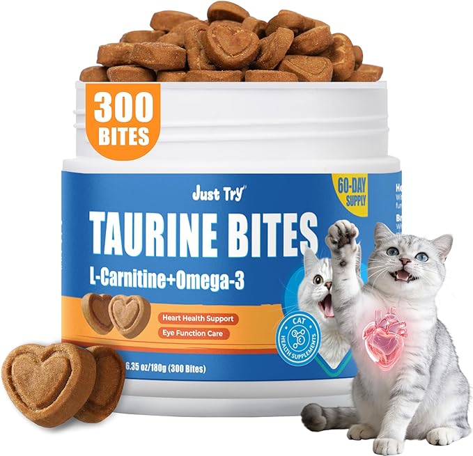 Just Try 6.35 oz Cat Taurine Bites - Taurine for Cats with L-Carnitine, Omega 3 and Vitamins - Supports Immune, Heart and Eyes Health Cat Supplements 300 Bites