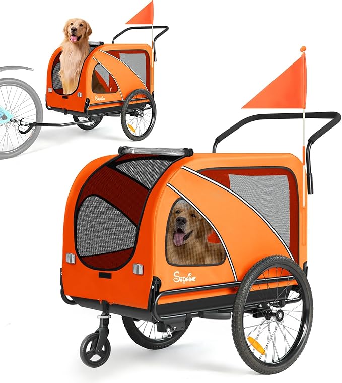 Sepnine Dog Bike Trailer, Supports up to 110 lbs, 2-in-1 Pet Stroller Cart Bicycle Carrier, Easy Folding Cart Frame with Quick Release Wheels, Universal Bicycle Coupler, Non-Slip Floor, Internal Leash