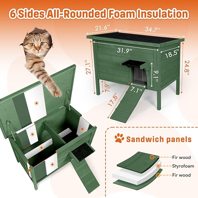 BRIOPAWS Outdoor-Cat-House-Insulated | Feral-Cat-Shelter for Winter | Weatherproof | Large Wooden Pet House for Multiple Cats | Foldable Ladder | Acrylic Side Window | Green