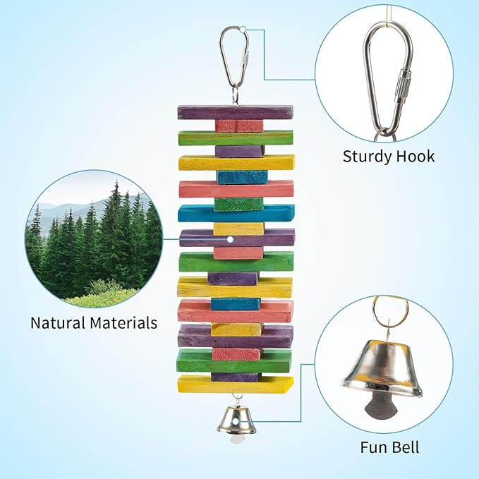 2 PCS 9.84" Multicolored Bird Toys - Stress Relief Chew Parrot Toys, Natural Wooden Blocks, Hanging Bird Cage Accessories, for Parakeets Cockatiels Conures Budgies African Grey Macaws Amazon Parrots