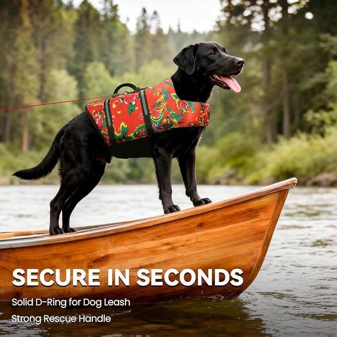 VIVAGLORY Rip Stop Dog Life Vest, Swimming Vest with Handle, Buoyancy for Doggy Puppy, Dog Life Jacket for Swimming & Boating, XS, Northeast Florals-Red