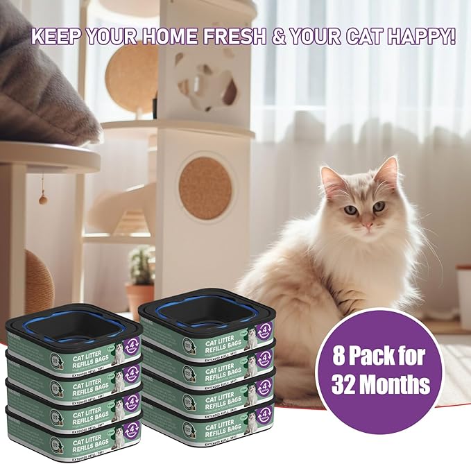 Cat Litter Refill Bags Cartridge 28FT, Compatible with Litter Cat Genie Standard, Plus, XL, XL+ Pail Refills, 7-Layer Odor Control Pet Waste Bags 8 Pack
