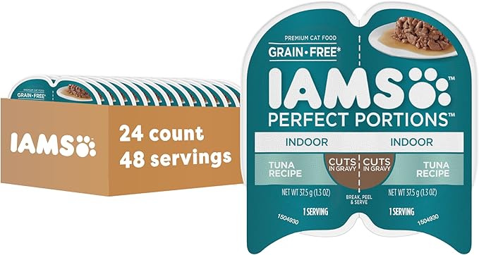 IAMS Perfect Portions Grain Free Wet Cat Food, Indoor Adult Cat Food Wet Cuts in Gravy, Tuna Recipe, (24) 2.6 oz. Twin-Pack Trays
