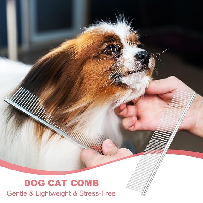 Dog Cat Comb, Pet Combs Stainless Steel Teeth with Rounded Ends for Knots Mats Loose Hair Removal, 6.5/7.5IN (Silver, 2 Pack), Grooming Tool Intended for Long Curly Hair Pet