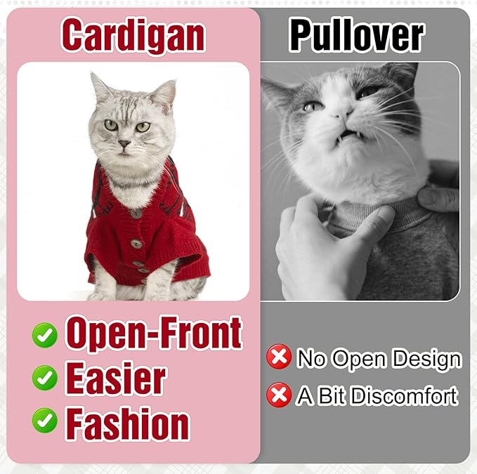 EXPAWLORER Cat Sweater Cardigan - Stylish Knit Cat Clothes, Plaid British Style Soft Puppy Sweater with Sleeve, Warm Pet Clothing Knitwear, Fall Winter Kitten Coat for Girl Boy Cats, Red M