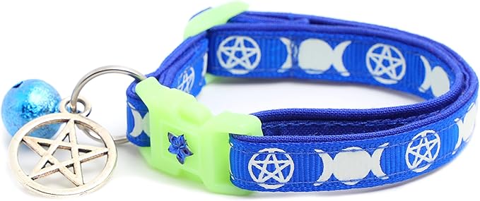 Wicca Cat Collar with Occult Charm & Bell | Witch’s Familiar Cat Collar | Witch Kitten Collar Charms | Glow in The Dark | Safety Breakaway Collar (Small(10lbs & Less), Solid Blue)