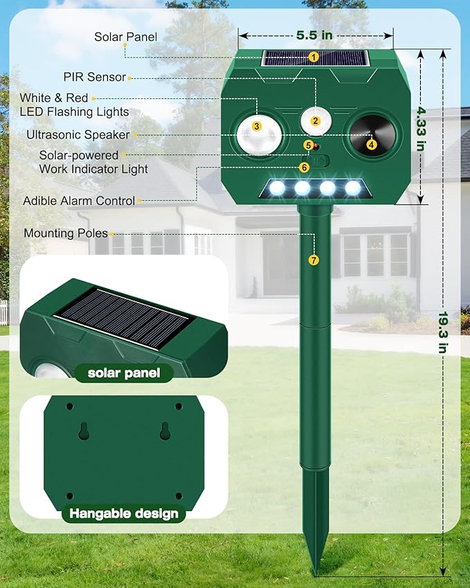 Solar Ultrasonic Animal Repellent Outdoor, 4 Pack Cat Repellent Outdoor Deer Repellent Devices with PIR Motion Sensor ＆ LED Flash, Waterproof Squirrel Repeller, Cat, Raccoons, Rabbits, Deer, Skunk
