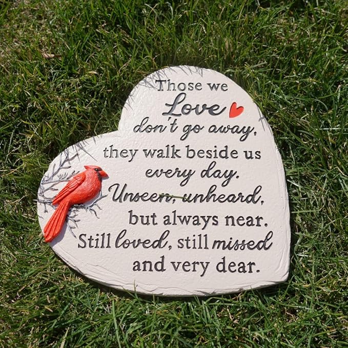 Heart Shaped Memorial Garden Stones, 10 inches Sympathy Garden Stone for Loved One, in Memory of Loved one Gifts, Resin Garden Stepping Stones Outdoor, Memorial Gifts (Heart Cardinal)