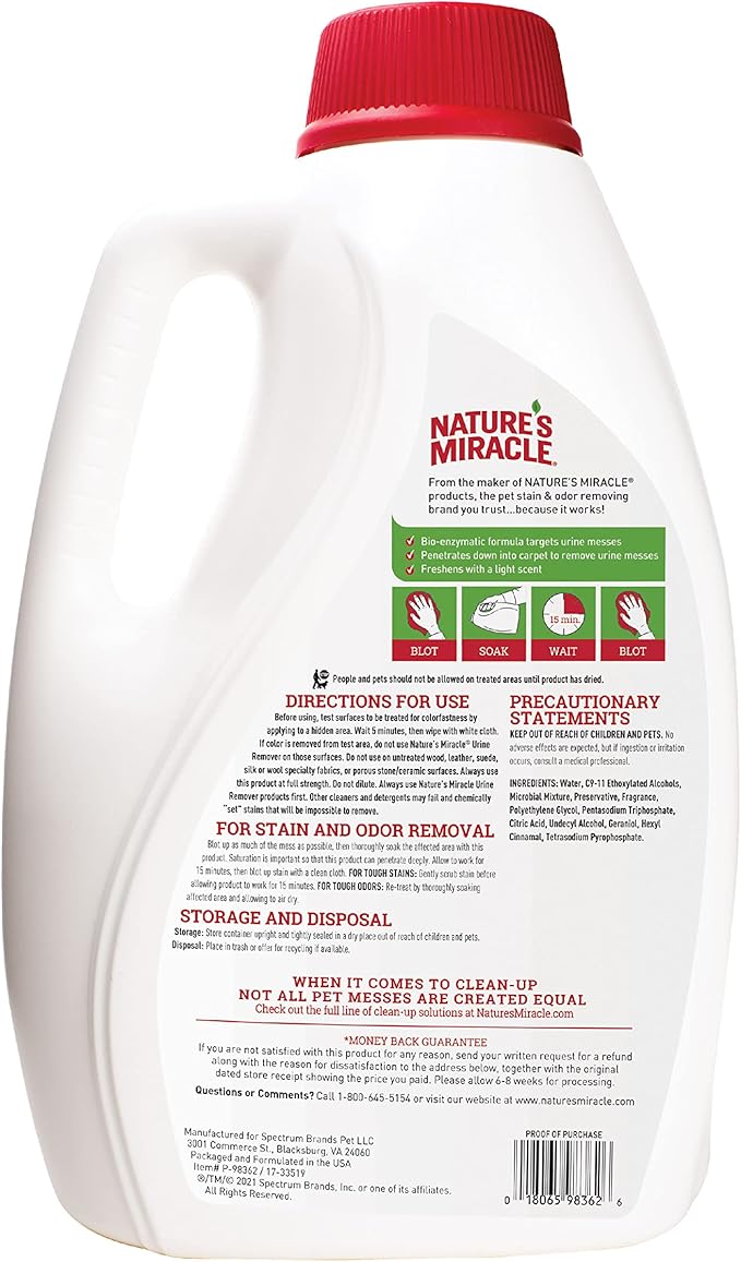 Nature's Miracle Dog Urine Remover, 128 Oz, Enzymatic Formula, Multicolor, 128.00 Fl Oz (Pack of 1)