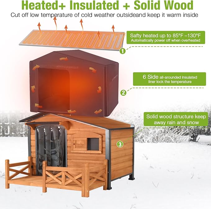 GUTINNEEN 44.6" L Extra Large Heated Dog House Outdoor Insulated Winter Dog Kennel with Thermostat-Controlled Heating Pad, Chew-Proof Metal Frame and 6-Sided Insulated Liner for Medium Dogs, Brown