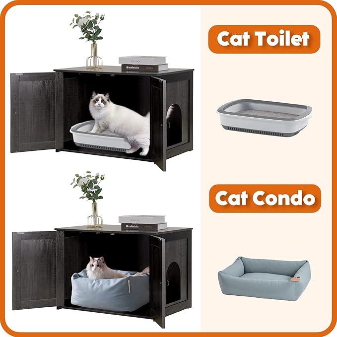 Dwanton Litter Box Enclosure, Cat Litter Box Furniture Hidden, Reversible Entrance Can Be on Left or Right Side, Wooden Cat Washroom Indoor, Dark Gray, 27.6 Inches