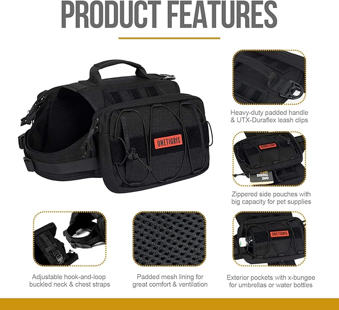 OneTigris Dog Backpack for Medium & Large Dogs, Nylon Backpack for Dogs Tactical Pet Backpack with Side Pockets for Hiking Walking Training Running (Black, Large)