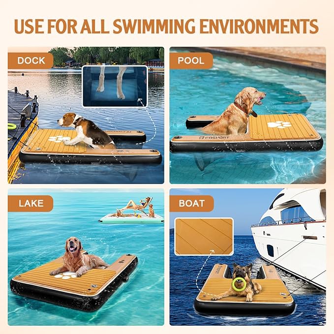 FBSPORT Inflatable Dog Boat Ramp Floating Dock Water Ladder for Pool, Boat, Non-Slip EVA Floating Ladder Pool Ramp for Dog Up to 220 LBs, Safe & Easy Access