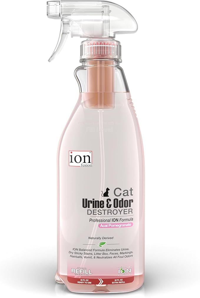 ION Fusion Cat Urine Odor Eliminator for Strong Odor, Dissolve Odors on Molecular Basis, Cat Litter Deodorizer Odor Absorber, Pet Stain Remover, Patent Refill Pod, Non-Enzymatic Formula, 32oz + Refill