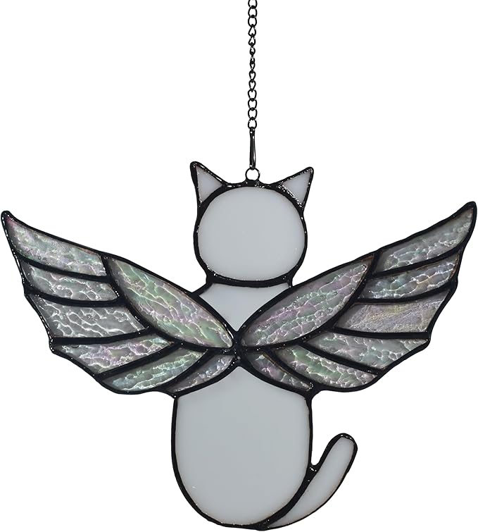 Angel Rainbow Wing Memorial Gifts - Stained Glass Cat Suncatcher, Loss of Cat Sympathy Gift (White)