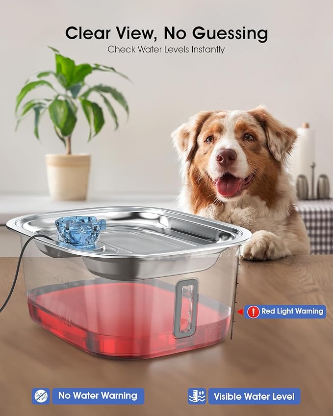PETNF 3-Gallon Stainless Steel Dog Water Fountain for Large Dogs, Dog Water Bowl Dispenser with 4 Filters, Visible Water Window, Quiet Pump & LED Low-Water Indicator