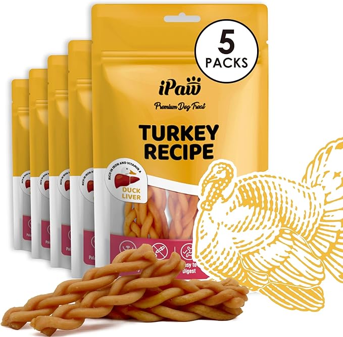 iPaw 5 Stock-Up Combo Turkey Dog Treats, All Natural Human Grade Dog Treat, Suitable for Training chew, US Sourced Raw Material, Hypoallergenic, Rawhide Alternative, Braided Stick (Duck Liver)