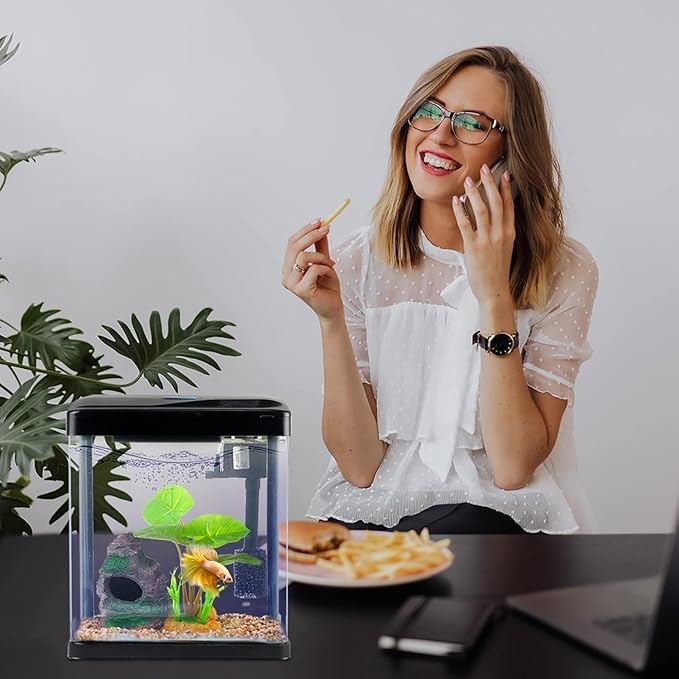Betta Fish Tank Self Cleaning 2 Gallon Small Aquarium Starter Kits Desktop Room Decor w/LED Light Decorations & Whisper Filters Water Pump (260V2)