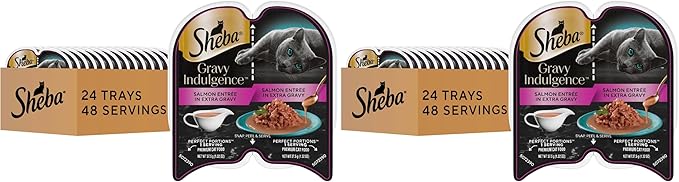 Sheba Gravy Indulgence Adult Wet Cat Food,Wet Food for Cats Salmon Entree in Extra Gravy,2.6 oz. Twin-Pack Trays (,48 Servings),24 Count (Pack of 2)