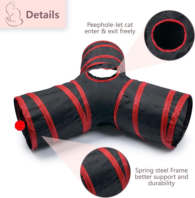 3 Way Cat Tunnel Collapsible Fun Pet Play Tube Toys for Cats, Kittens, Puppies & Rabbits - Portable Tunnel with Hanging Ball for Indoor Play, Hideout & Exercise