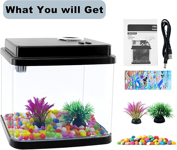 Mini Aquarium Fish Tank,1 Gallon Fish Bowl with Adjustable 6-Color LED Lamps,Filtration,Oxygenation,Water Circulation 3 in 1 Pump,DIY Ocean Stickers, Excellent Gifts for Children and Adults