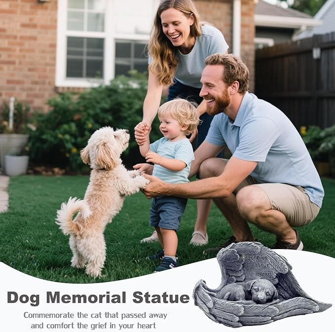 VEEKI Dog Memorial Gifts for Loss of Dog, Peaceful Sleeping Solar Angel Dog Statue Outdoor Waterproof, Resin Dog Figurine Pet Memorial Stone for Garden Grave Markers, Loss of Pet Sympathy Gift (Dog)