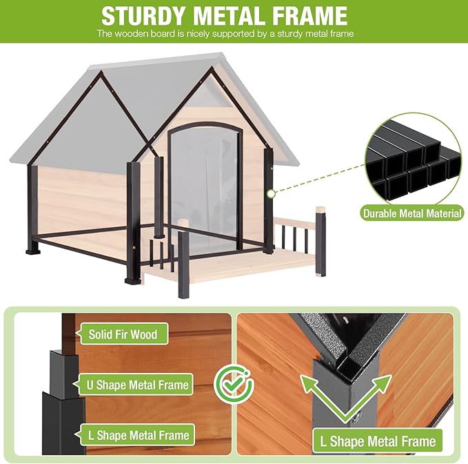 GUTINNEEN Large Insulated Dog House Outdoor Weatherproof Dog Kennel Dog Shelter with Chew-Proof Full Metal Frame, Openable Roof, Removable Inner Floor for Medium Dog Breeds, 45" D x 32.9" W x 32.6" H