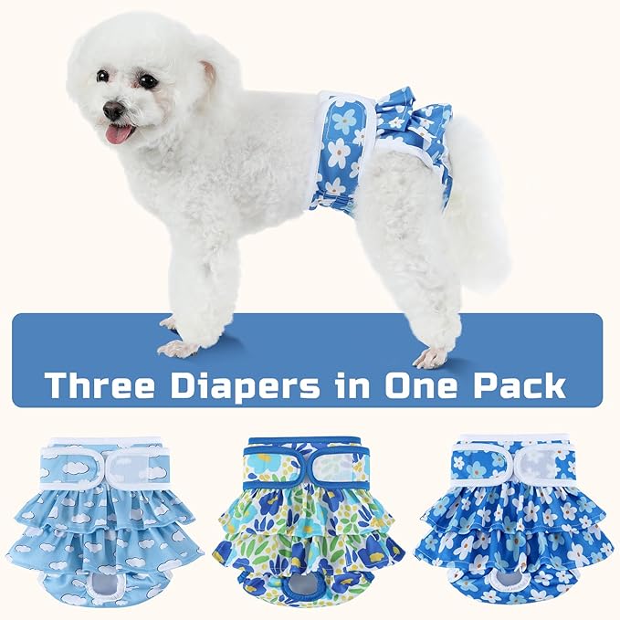 Washable Dog Diapers Female 3 Pack Reusable Highly Absorbent Puppy Diaper, Premium Doggie Diaper, Durable Leak-Proof Dot Doggy Diapers for Period Heat Incontinence Potty Training,S