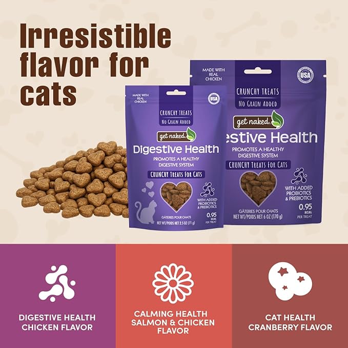 Get Naked Digestive Health Crunchy Cat Treats 2.5oz - Chicken Flavor, Grain-Free Cat Probiotics for Indoor Cats, Supports Healthy Digestion, Dental Health & Immunity, Made in The USA
